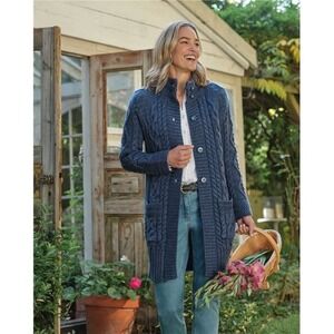 WoolOvers Pure Wool Aran Coatigan Women LG Blue Cable-Knit Long Chunky Fisherman